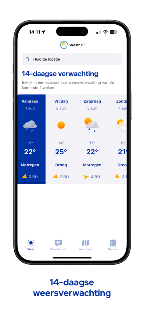 Pantalla de previsión meteorológica a 14 días de la aplicación móvil Weer.nl