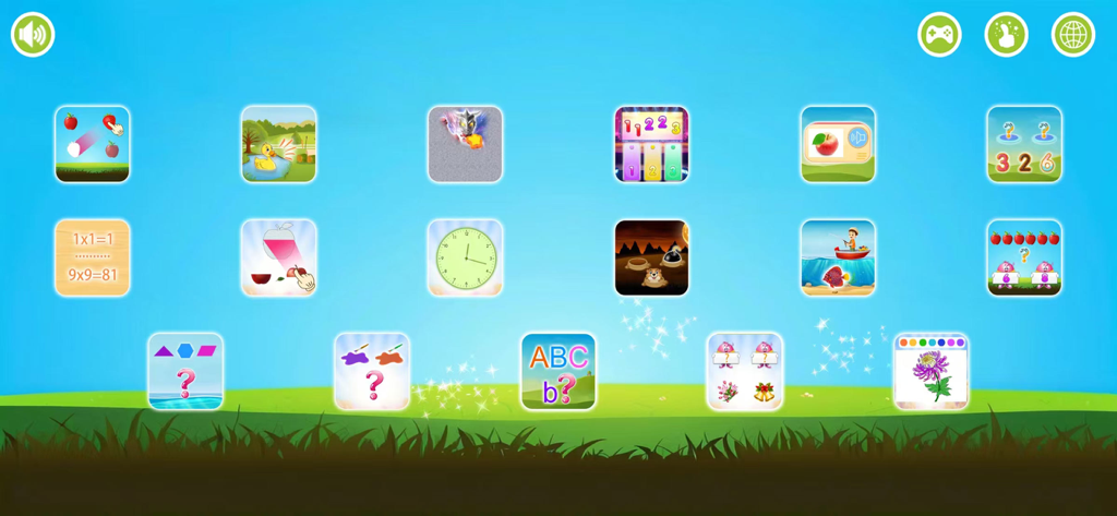 Fun games -Learn with Fun - Hauptmenü einer Vorschul-Lern-App mit Symbolen für Mathematik, Alphabet und Lernspiele