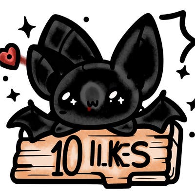 kawaii bat resting with its legs on a sign that says 10 likes
