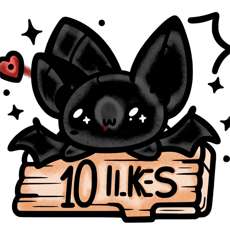 kawaii bat resting with its legs on a sign that says 10 likes