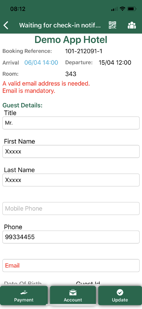 Theova Guest Mobile Services - Formulario de registro de huésped en la aplicación Servicios Móviles para Huéspedes de Theova que muestra detalles de la reserva y campos de información de contacto