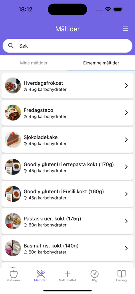 Schermata dell'app Karbo and Insulin che mostra un elenco di pasti di esempio con conteggio dei carboidrati e foto del cibo