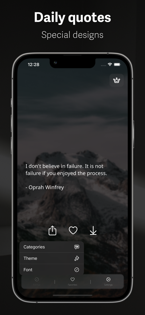 Aqtbas | اقتباس - A mobile app interface displaying a motivational quote by Oprah Winfrey over an aesthetic mountain landscape background.