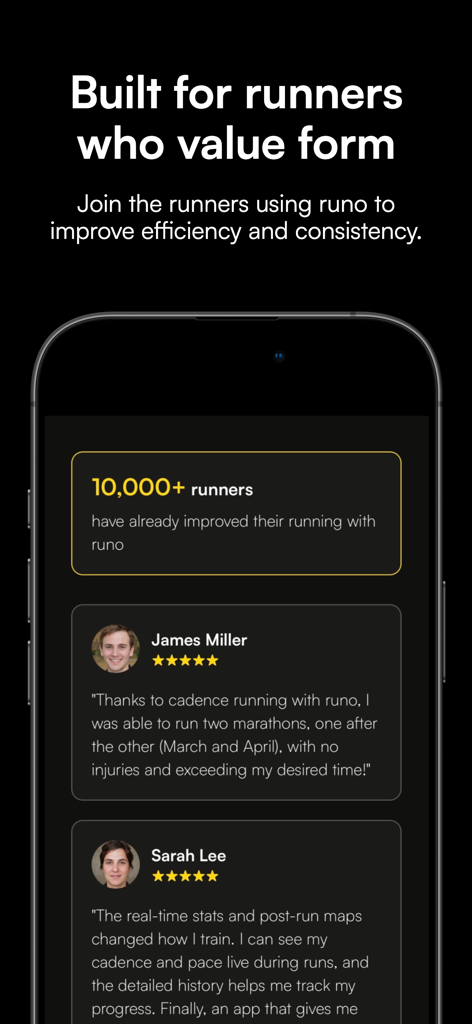 runo - Metronome for Running - Testimonios de usuarios para runo - Metrónomo para Correr, con reseñas positivas de corredores sobre la mejora de la forma y la eficiencia.