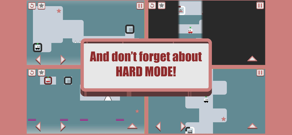 Un collage de niveles de puzzle minimalistas del juego Looper con un cuadro de texto anunciando Modo Difícil