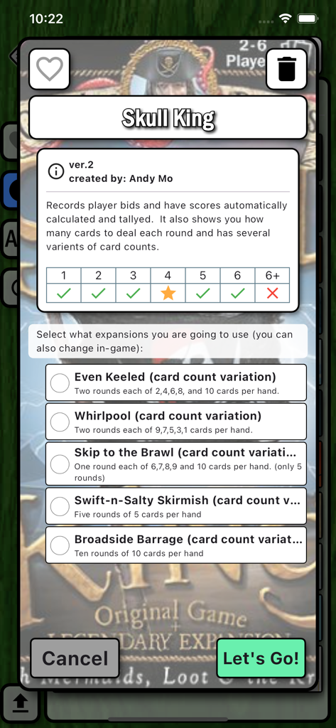 Board Game Buddy - A setup menu for the Skull King card game in the Board Game Buddy app with various game variants and scoring information.