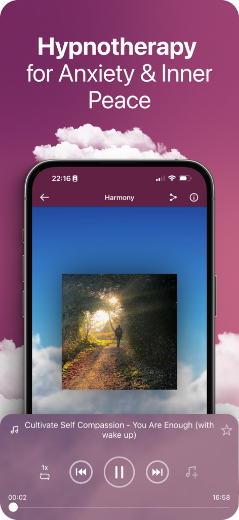 Harmony Self Hypnosis - Harmony Self Hypnosis app interface showing a hypnotherapy session for anxiety and inner peace