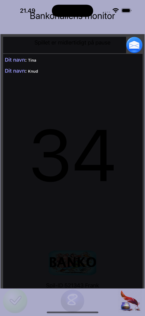 Triathlon-Calc - Banko-Spiel-Monitor-Oberfläche mit der Zahl 34 und Spielernamen