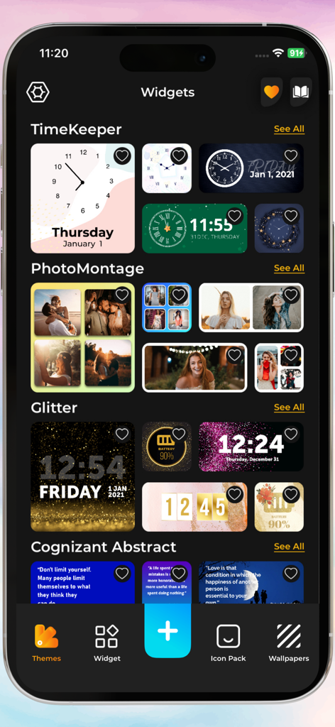Icon, Widgets & Themes - A selection screen showing various aesthetic clock, photo, and glitter widgets for iPhone home screen customization.
