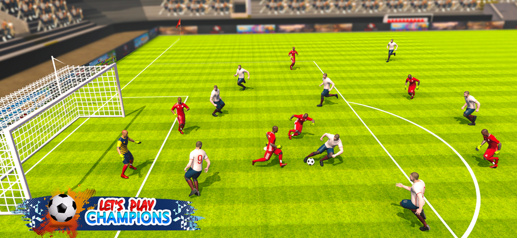 Vista cenital de un partido de fútbol activo en un juego móvil con jugadores con uniformes rojos y blancos en un campo verde.