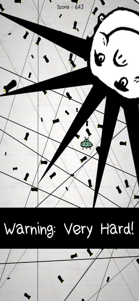 Doodle style bullet hell gameplay in No Humanity featuring a UFO dodging obstacles and a large spiked face with a warning label
