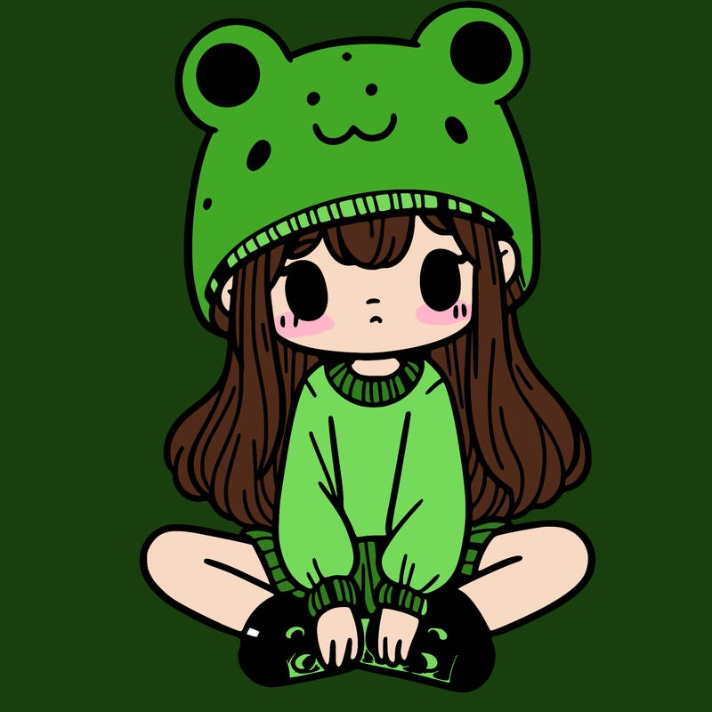 a girl wearing a frog hat and some frog socks