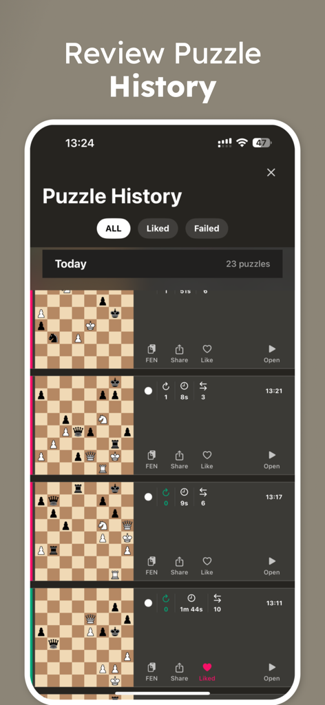 Interface of the Chess Puzzles Tactics Trainer app showing a detailed list of recently played chess puzzles with board positions and performance stats