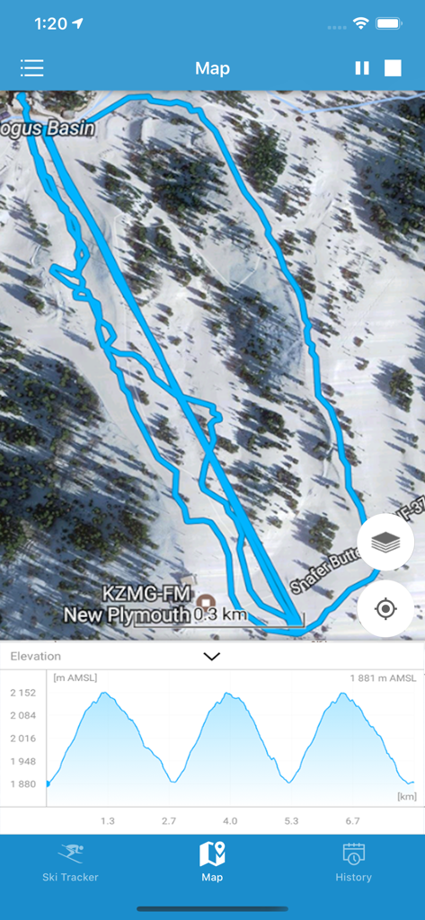 Satellite map view showing recorded ski tracks and an elevation profile graph in the EXA Ski Tracker app.