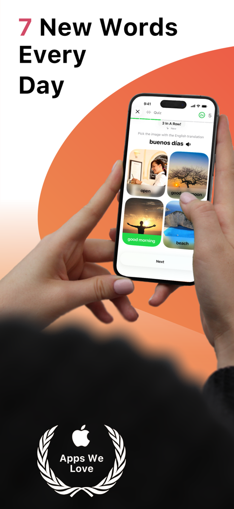 A person using the LENGO app on a smartphone to learn new words through a visual daily quiz