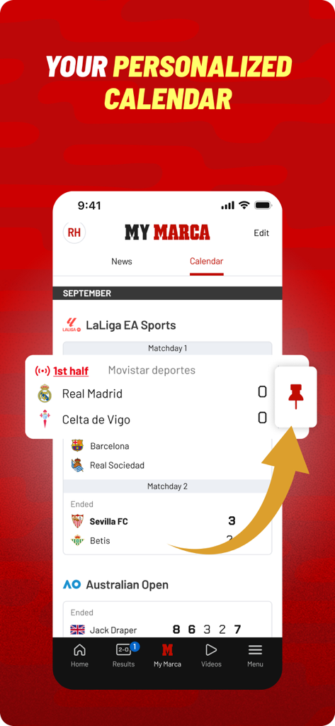 A smartphone screen showing the My MARCA personalized sports calendar with live soccer scores and tennis results