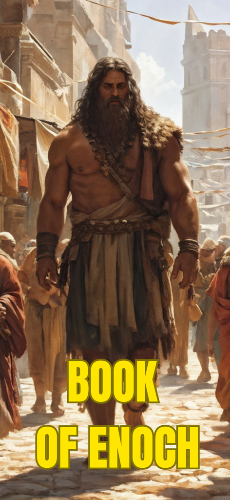Artistic depiction of Enoch in an ancient city with Book of Enoch title