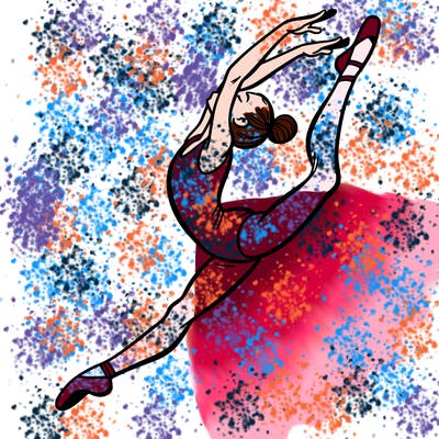 gymnast doing a leap in a leotard with a bent back leg