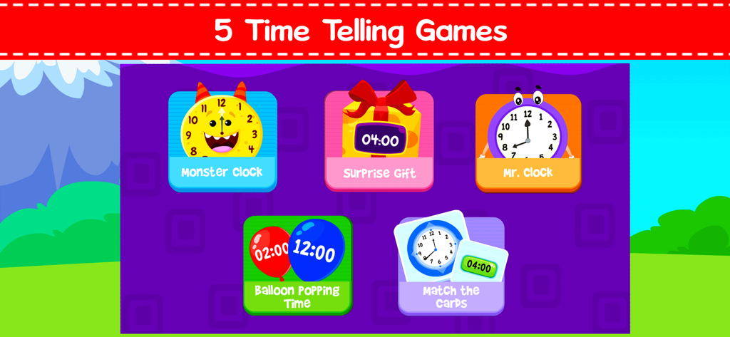 Main menu showing five educational games for kids to learn time telling including Monster Clock and Balloon Popping Time