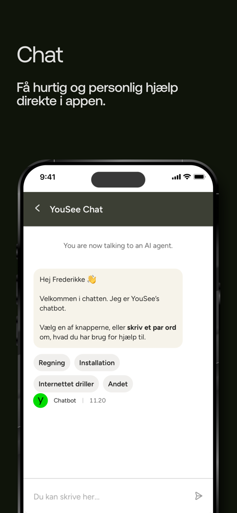 Mit YouSeeモバイルアプリのカスタマーサポートチャットインターフェース。請求書と設置に関するクイック返信オプションを備えたAIチャットボットが特徴です。