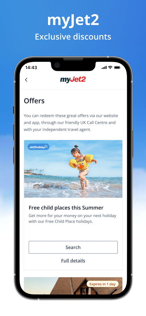 Interfaz de la app móvil Jet2 que muestra descuentos exclusivos para miembros y plazas infantiles gratuitas para vacaciones de verano