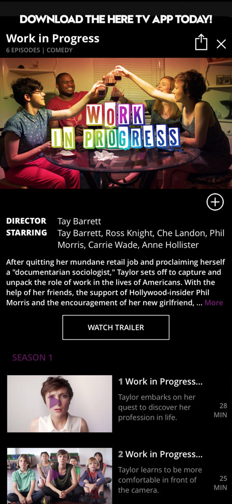 Interface of Here TV app showing details and episode list for the comedy series Work in Progress