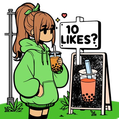 girl with oversized hoodie drinking boba and she has a high ponytail with a sign that says 10likes?