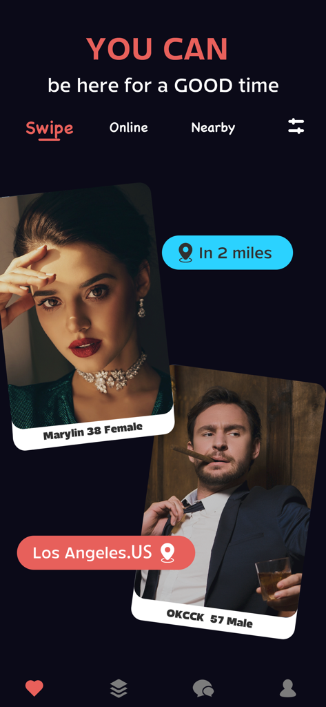 Mature Women Dating - OlderD - Interfaz de la aplicación OlderD que muestra perfiles de mujeres y hombres maduros con filtros de distancia y ubicación