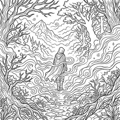 Step into a world of mystery and wonder with this enchanting coloring page, featuring a solitary hooded figure navigating a swirling, fog-laden forest. This intricate full scene offers a captivating escape for colorists seeking both challenge and tranquility.