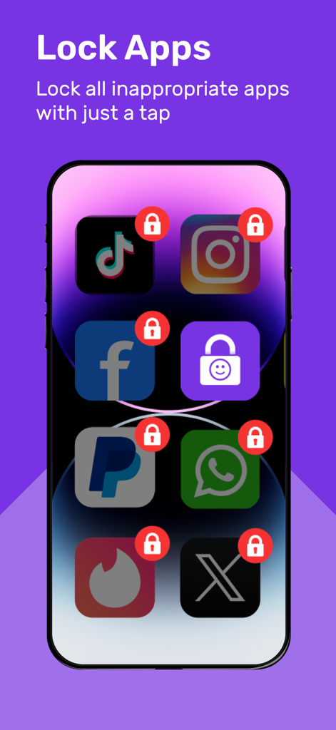 Schermata dello smartphone che mostra app come TikTok e Instagram bloccate con lucchetti rossi utilizzando la funzione di blocco per bambini di Suzy