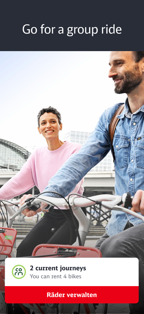 Call a Bike - A man and a woman cycling together with an app overlay showing group ride management for multiple bikes