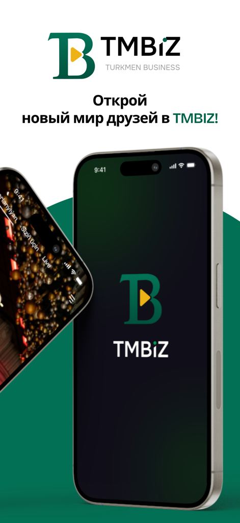 Pantalla de presentación de la aplicación móvil TMBIZ e interfaz del directorio de negocios en un smartphone
