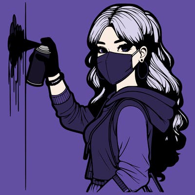 realistic girl with mask spray painting a wall