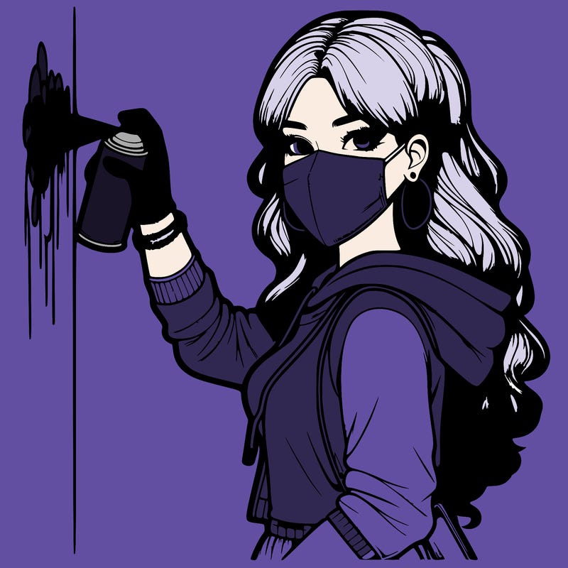 realistic girl with mask spray painting a wall