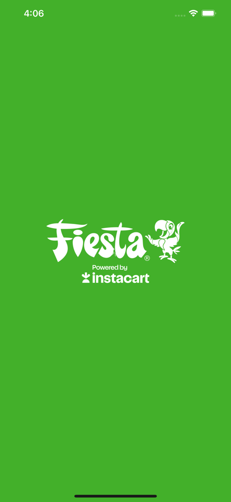 Fiesta Mart - Tela de carregamento do aplicativo móvel Fiesta Mart com o logotipo da marca e texto Powered by Instacart em um fundo verde