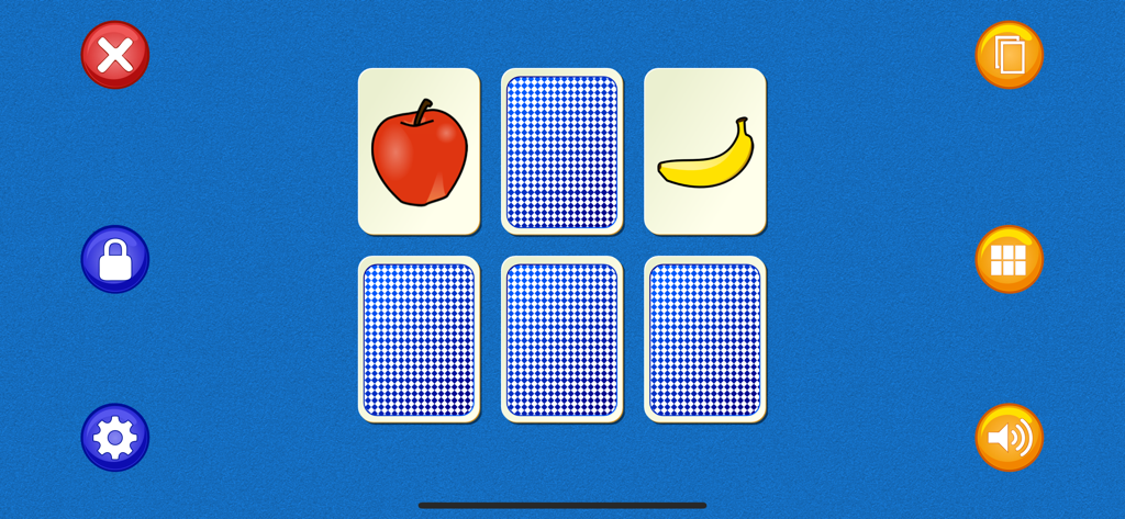 Matching Pairs! - Gameplay screenshot showing a memory matching game with apple and banana cards