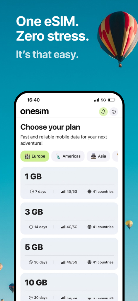 One Sim - Interfaz de la aplicación One Sim que muestra varios planes de datos de viaje para Europa, incluyendo opciones de 1 GB, 3 GB y 5 GB