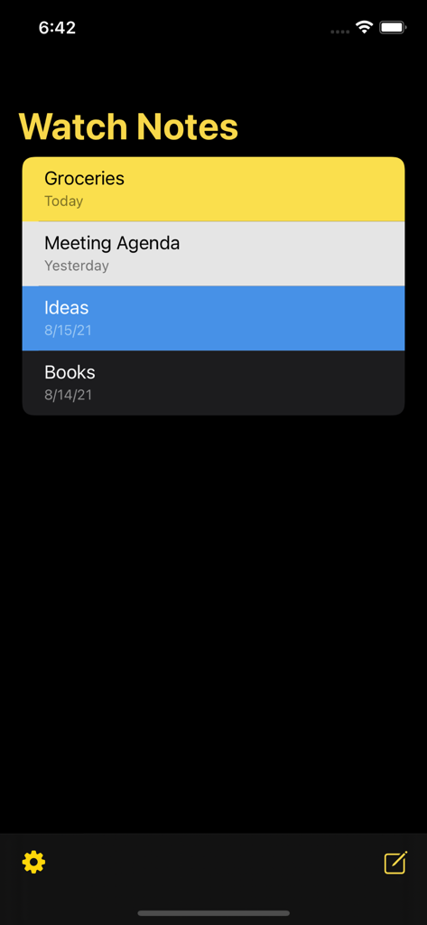 Notes for Apple Watch - Pantalla del iPhone mostrando una lista de notas con diferentes temas de colores para la organización