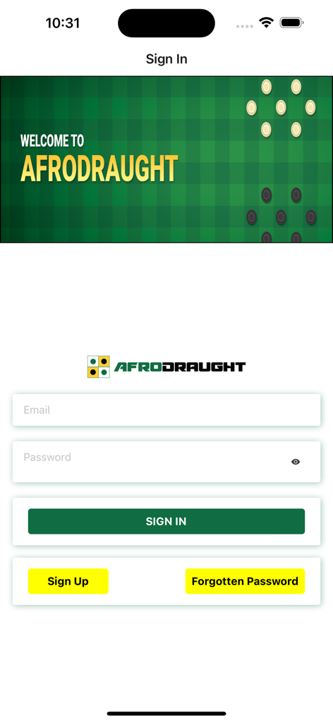 AfroDraught - AfroDraught login screen with email and password fields and a welcome banner