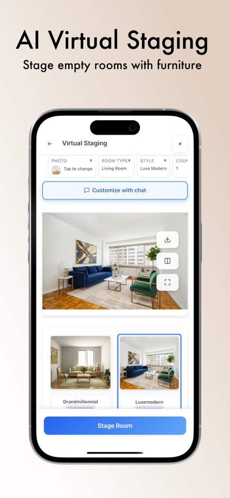 Un smartphone montrant la fonction de staging virtuel Decor8 AI pour ajouter des meubles à un salon vide