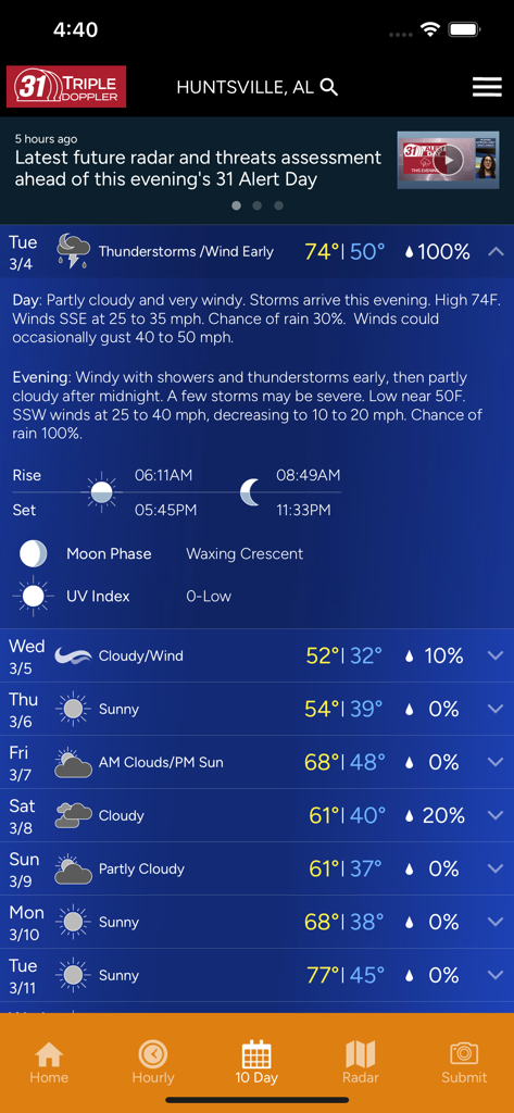 WAAY StormTracker app 10 day weather forecast screen for Huntsville Alabama