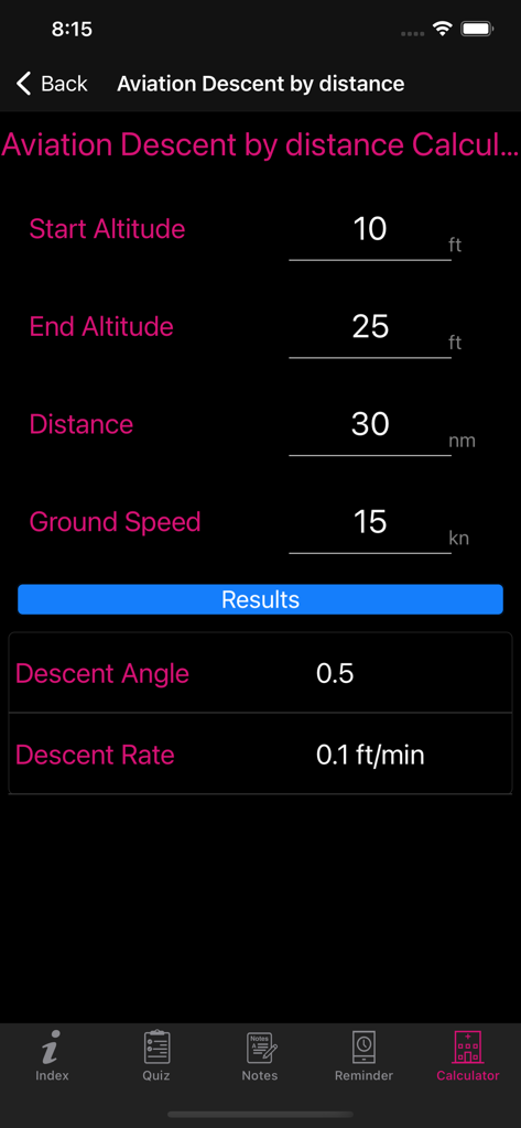 Aviation descent by distance calculator screen showing input fields and calculated results
