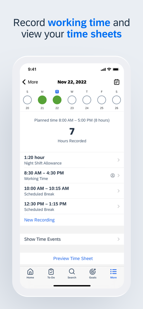 A screenshot of the SAP SuccessFactors Mobile app interface displaying recorded working hours and daily time sheets.