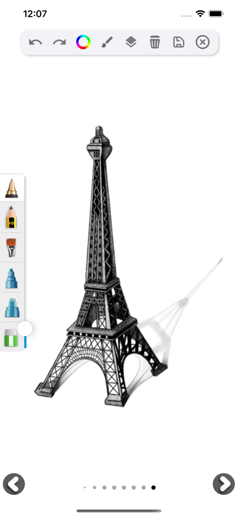 Learn how to Draw 3D - Tutorial de dibujo 3D anamórfico de la Torre Eiffel dentro de la interfaz de una aplicación móvil de bocetos.