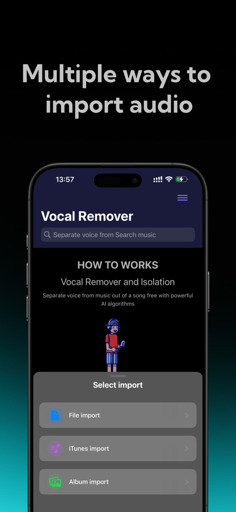 Vocal Remover:AI audio tool - Interfaz de la aplicación Vocal Remover que muestra opciones para importar audio desde archivos, iTunes y álbum de fotos.