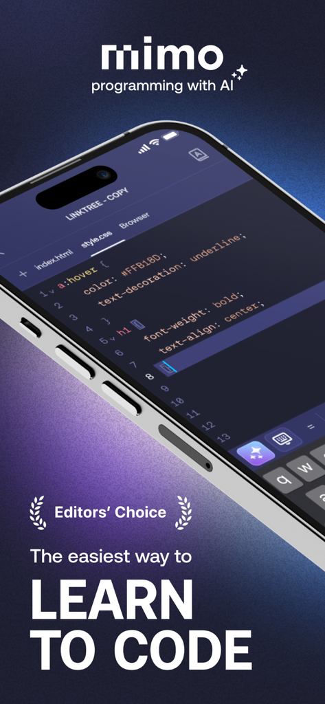Mimo app on a smartphone showing a mobile code editor with CSS and the text The easiest way to learn to code.