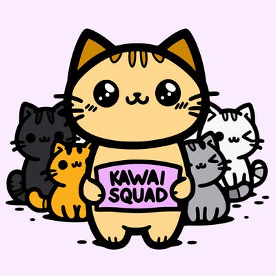i squad of 5  cats and the middle cat is holding sign that says,kawaii squad