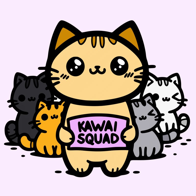 i squad of 5  cats and the middle cat is holding sign that says,kawaii squad