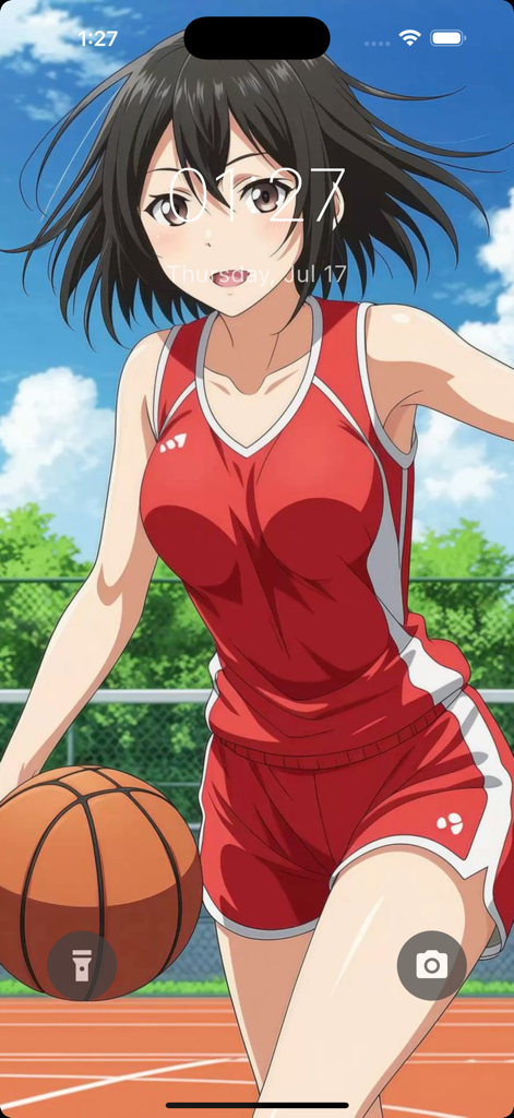 iPhoneのロック画面でバスケットボールをドリブルする、赤いスポーツユニフォームのアニメ少女
