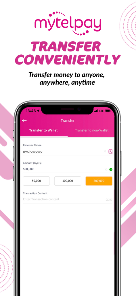 MytelPay - MytelPay app interface showing the money transfer feature for sending Kyats to mobile wallets and phone numbers.